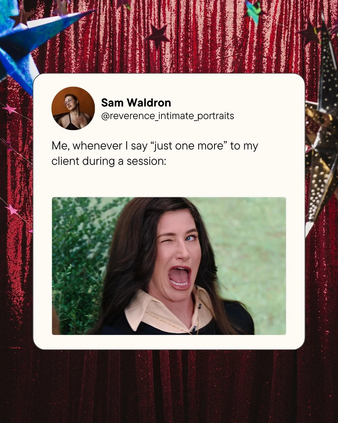 I'm always lying about this #sorrynotsorry &macr;\_(ツ)_/&macr; 
.
.
.
.
.
.
[Image Description: A social media style post that says "Me, whenever I say 'just one more' to my client during a session" with an image of Kathryn Hahn doing an ex