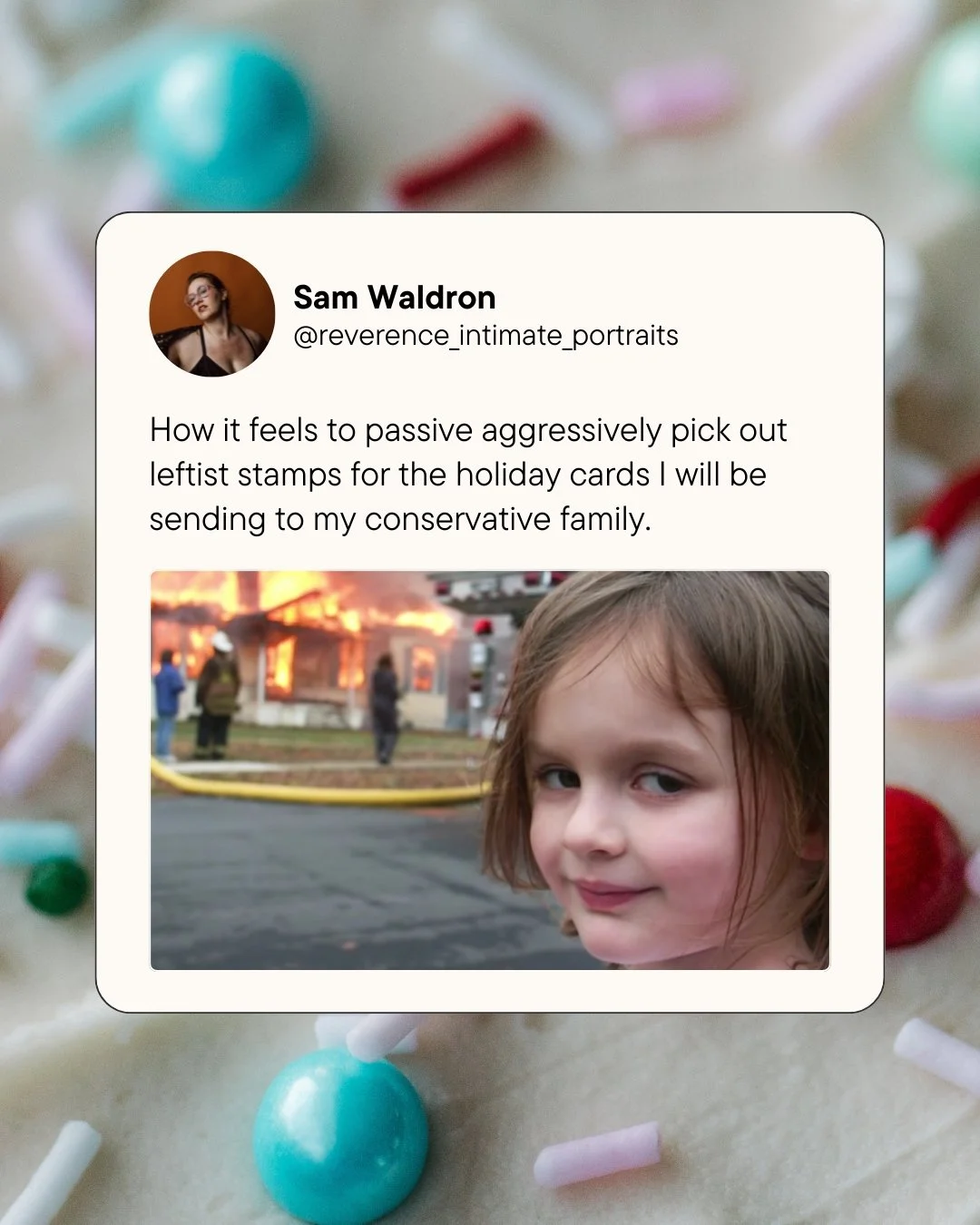 😂 Sometimes it's the little things &macr;\_(ツ)_/&macr; 
.
.
.
.
.
.
[Image Description: A social media style post that says "How it feels to passive aggressively pick out leftist stamps for the holiday cards I will be sending to my conservative