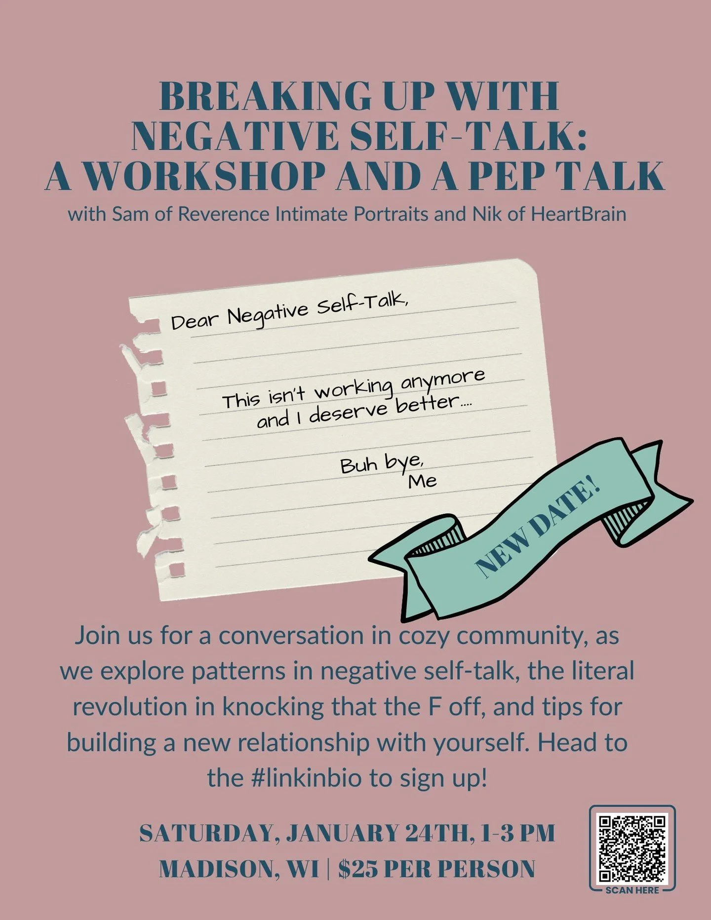 Come join us for a (very timely in the new year) workshop on breaking up with negative self-talk on January 24th, 2026 from 1-3 PM! Seats are just $25, so register now! 🥰 Head to the #linkinbio to register!