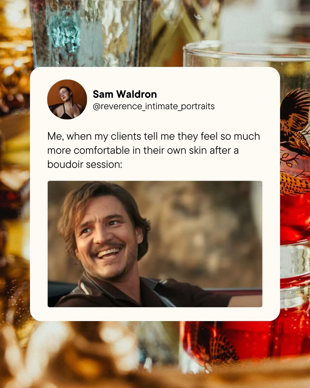 That's literally my whole damn goal 🥅💜🥹
.
.
.
.
.
.
[Image Description: A social media style post that says "Me, when my clients tell me they feel so much more comfortable in their own skin after a boudoir session:" with a picture of Ped