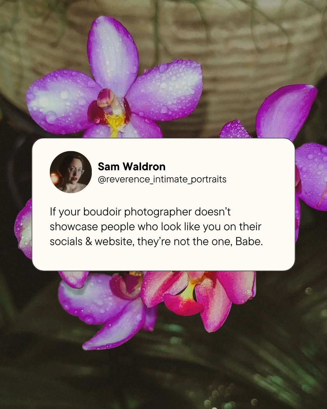 It's one thing to see "All bodies are good bodies" on a boudoir website, but it's another to actually see all types of bodies, personalities, ethnicities, vibes, and abilities showcased and celebrated. 
.
.
.
.
.
.
[Image Description: A soc