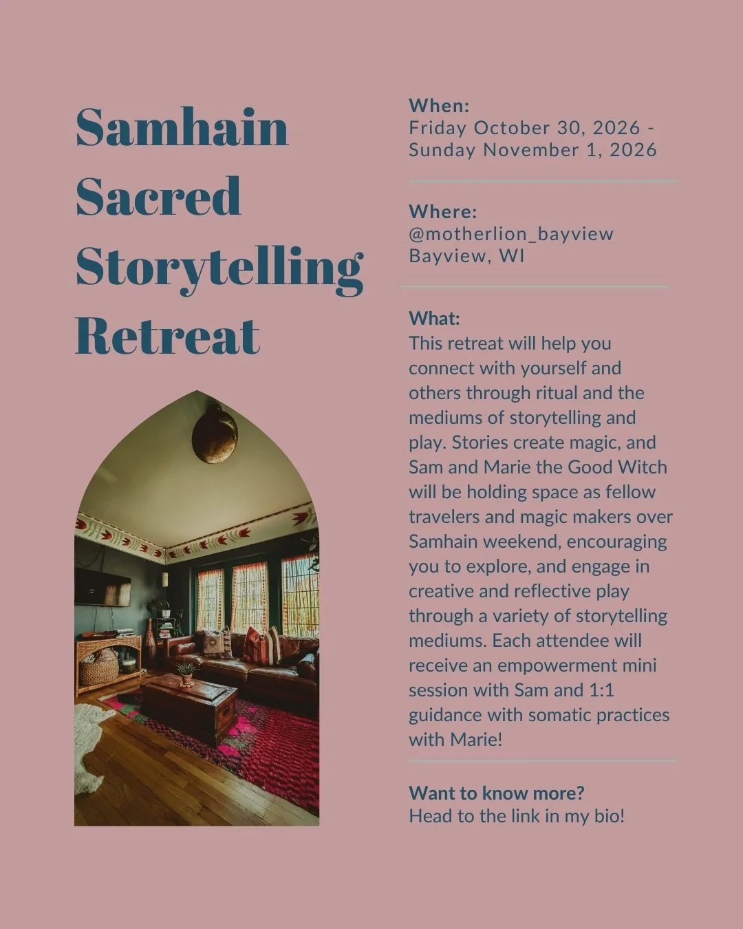 ✨ Samhain Sacred Storytelling Retreat Weekend registration is open! ✨
When: Friday October 30, 2026 through Sunday November 1, 2026
✨
Where: The amazing @motherlion_bayview 🤩
✨
Your Hosts: Sam (of @robandsamphoto &amp; @reverence_intimate_portraits)