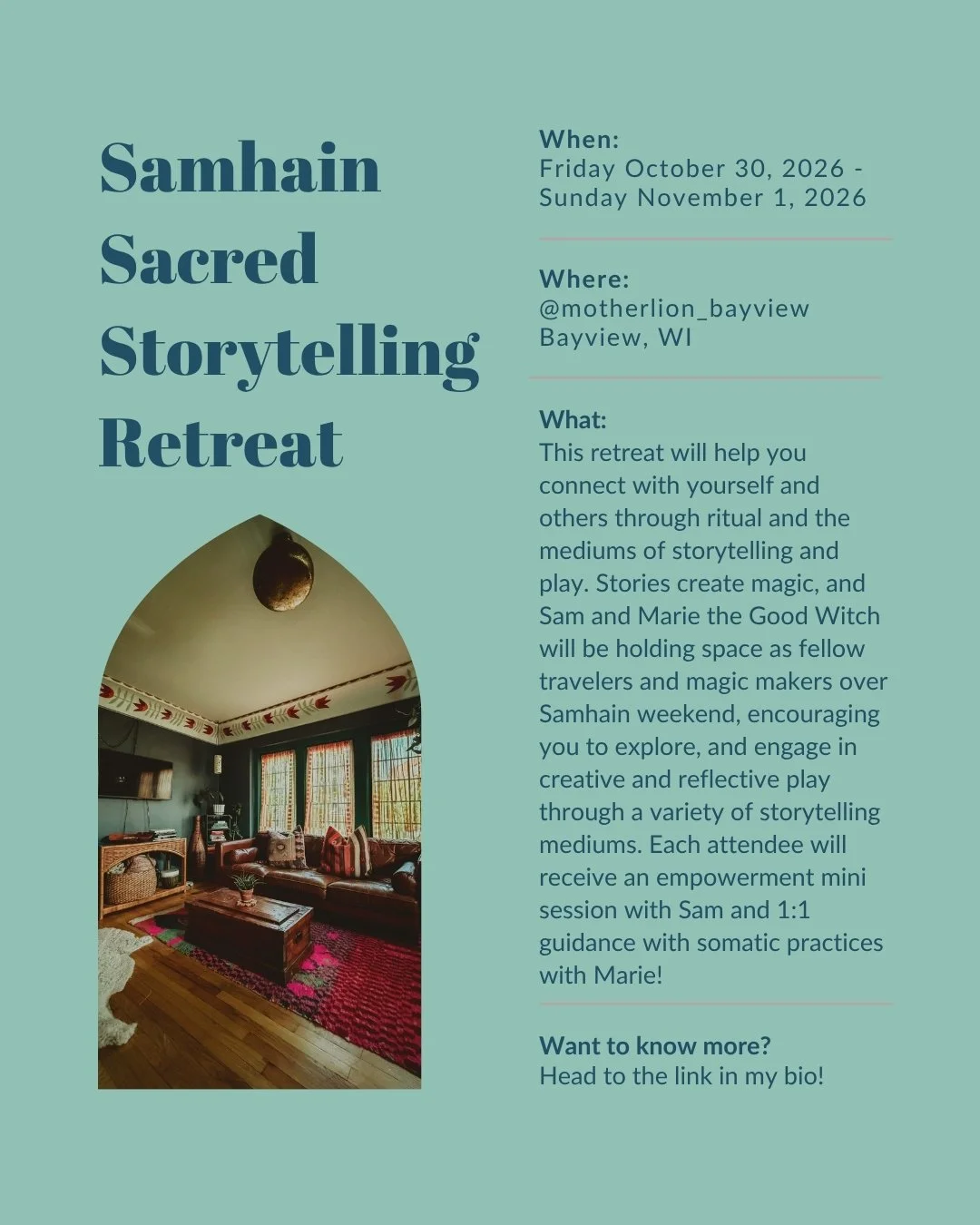 ✨ Samhain Sacred Storytelling Retreat Weekend registration is open! ✨
When: Friday October 30, 2026 through Sunday November 1, 2026
✨
Where: The amazing @motherlion_bayview 🤩
✨
Your Hosts: Sam (of @robandsamphoto &amp; @reverence_intimate_portraits)