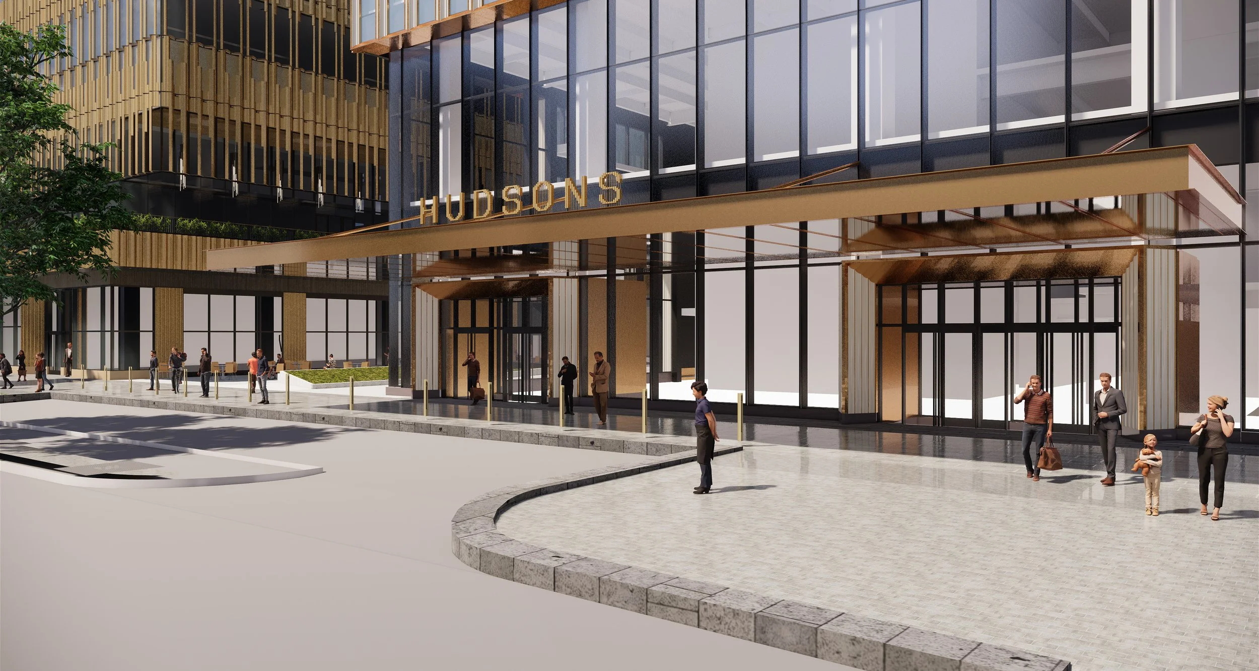 Rendering of the entrance to a modern commercial building with large glass windows and gold-colored accents. The building has the name 'HUDSONS' displayed above the entrance. People are walking on the sidewalk in front of the building, some talking o