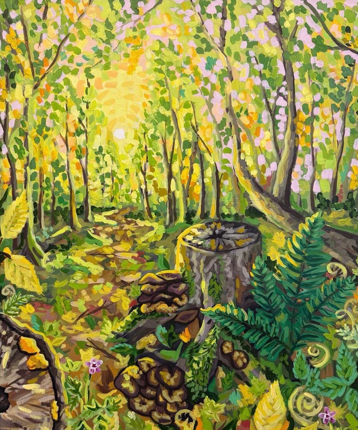 Golden Forest (Pleasant Bay in October), 2026. Acrylic on wood panel, 20x24".