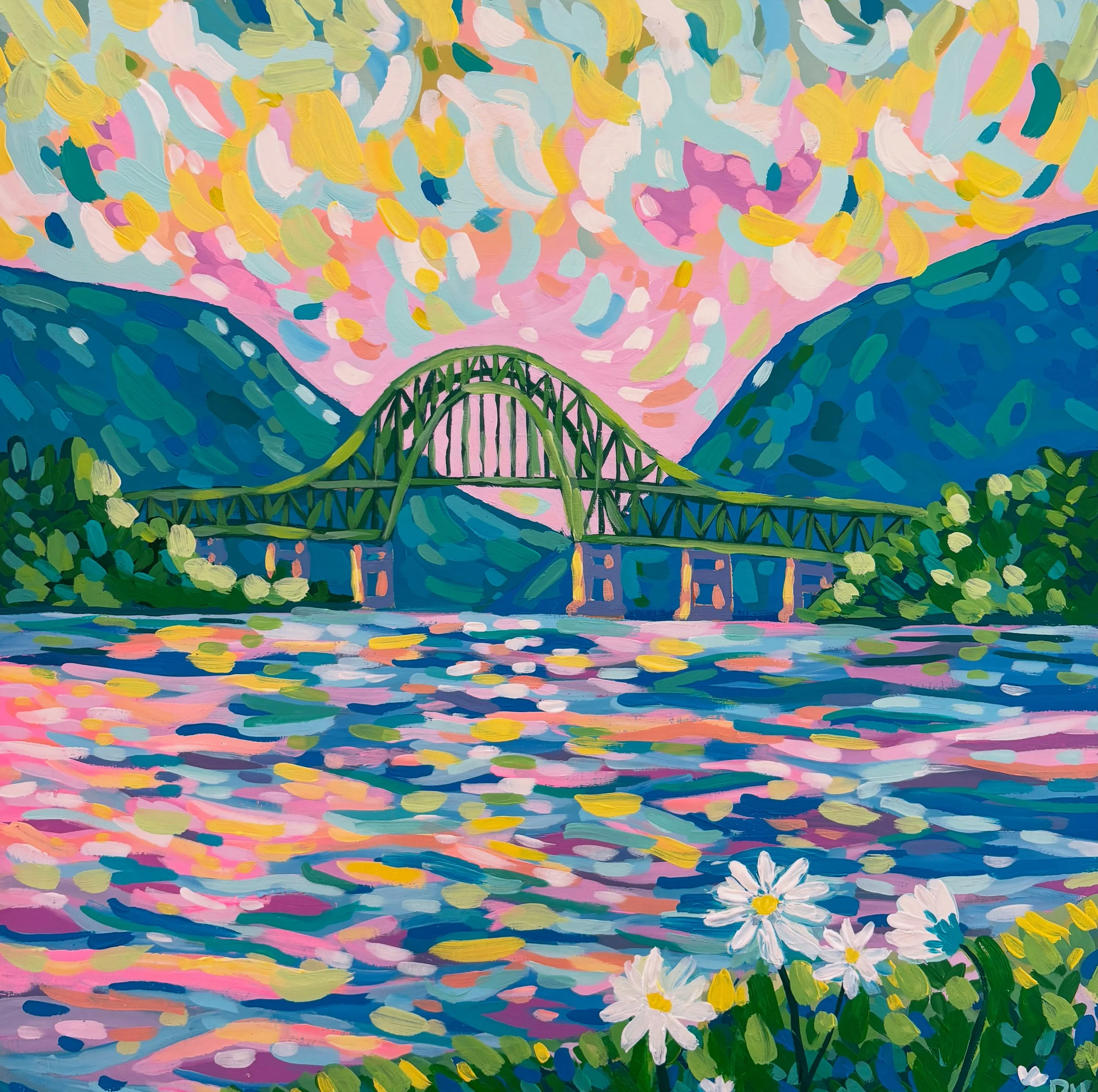 Seal Island Bridge at Sunset (2025). Acrylic on wood panel, 20x20". 