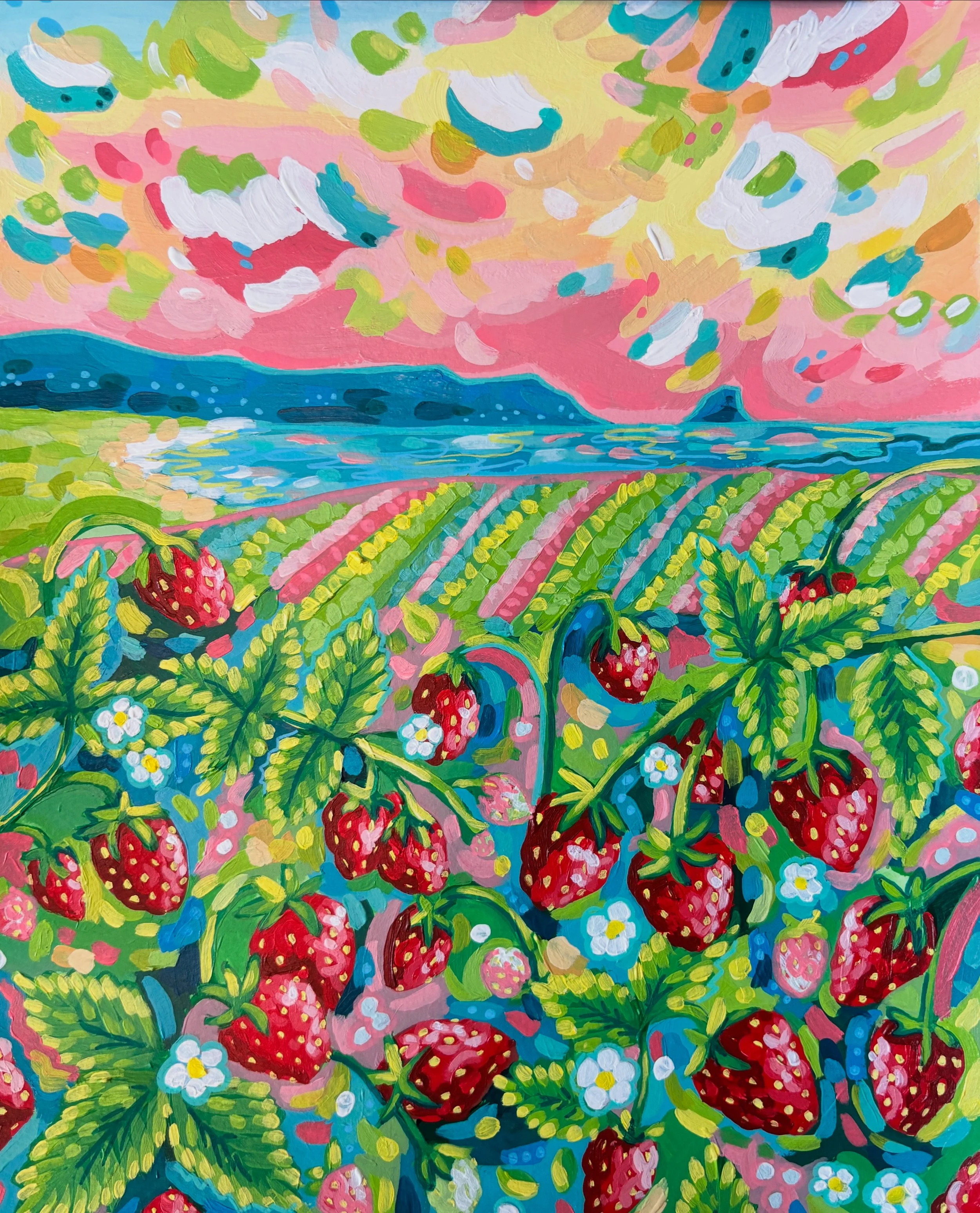 Strawberry Fields III (2025). Acrylic on paper, 11x14".