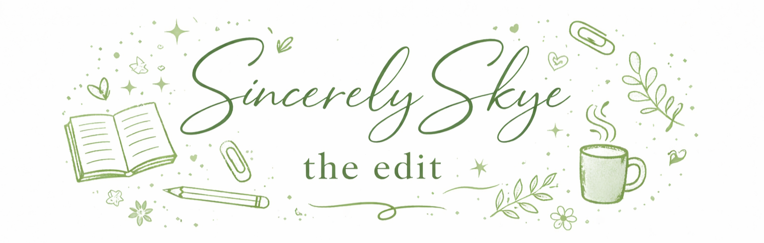 Green doodles surrounding the text 'Sincerely Skye the edit', including an open book, pencil, sticker, coffee mug, leaves, stars, and hearts.