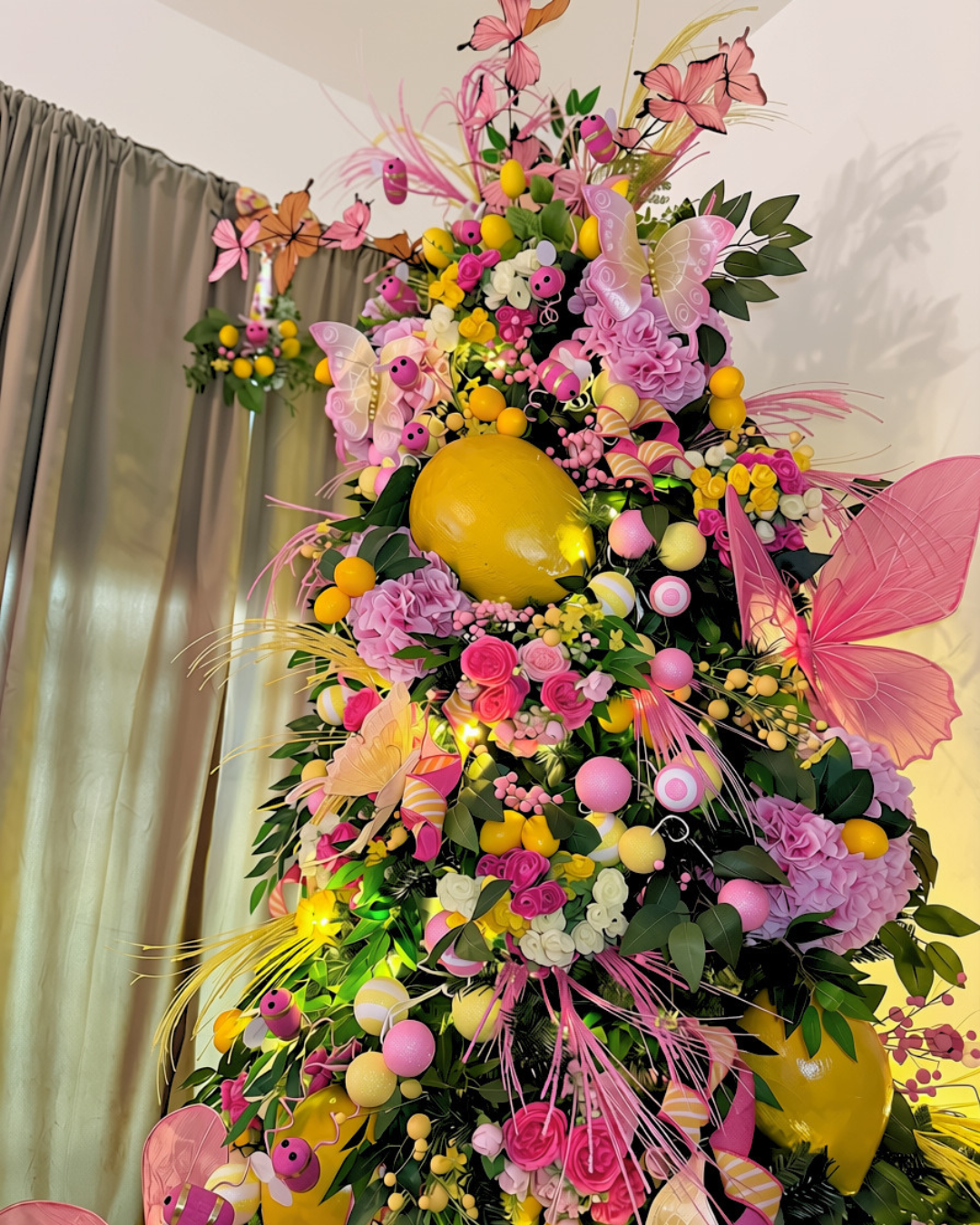 Colorful floral tree decorated with pink, yellow, and white artificial flowers, butterflies, and other embellishments, set indoors near curtains.