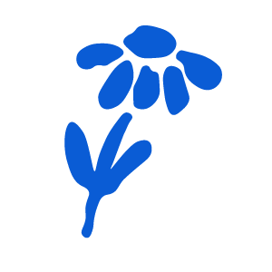 A simple blue line drawing of a flower with multiple petals and a stem with leaves.