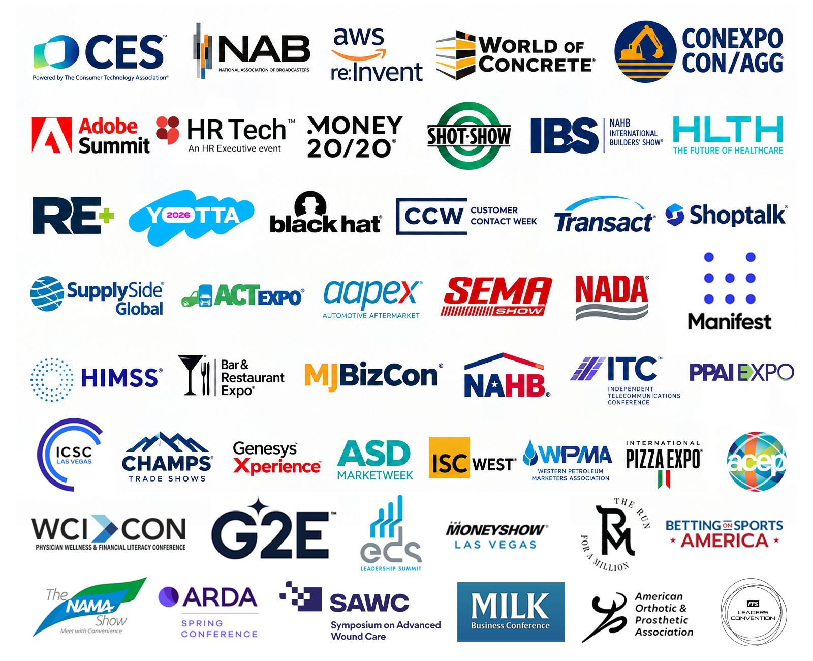 A collage of logos from various conferences, trade shows, and events covered by conventionCONTENT