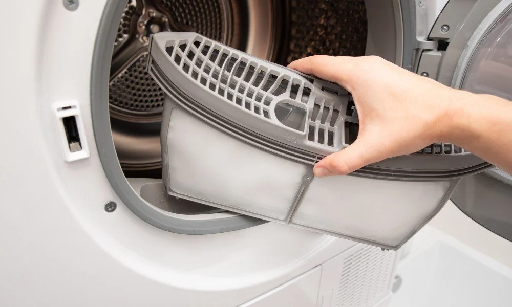 Person removing a lint filter from a dryer.