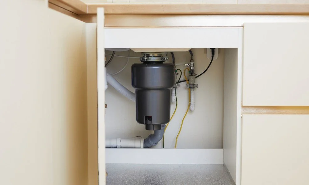 Under kitchen sink showing plumbing and garbage disposal unit