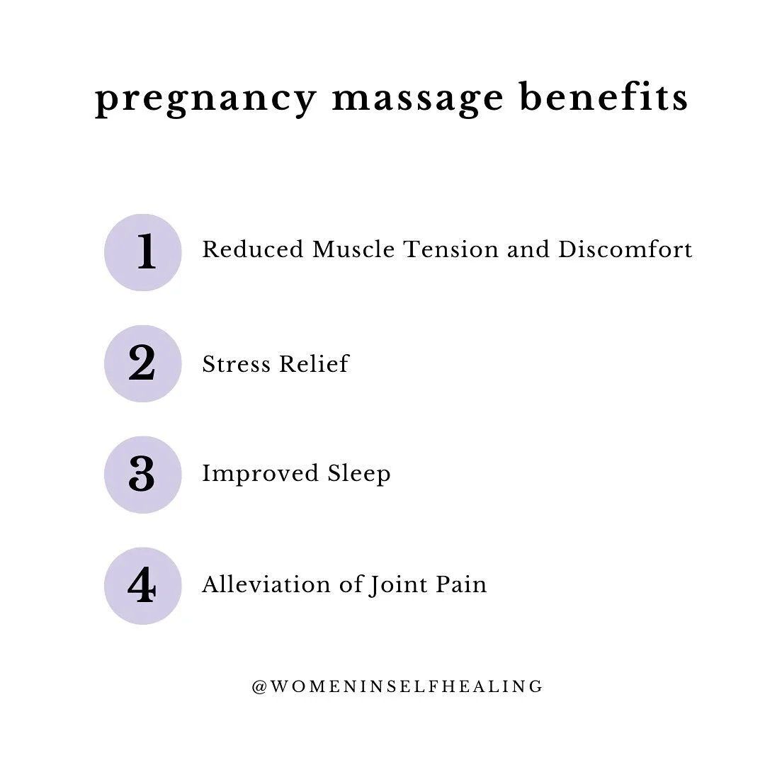 1. **Reduced Muscle Tension and Discomfort:** Prenatal massage helps relieve common pregnancy-related discomforts such as back pain, leg cramps, and swelling by loosening tight muscles and improving circulation.

2. **Stress Relief:** It promotes rel
