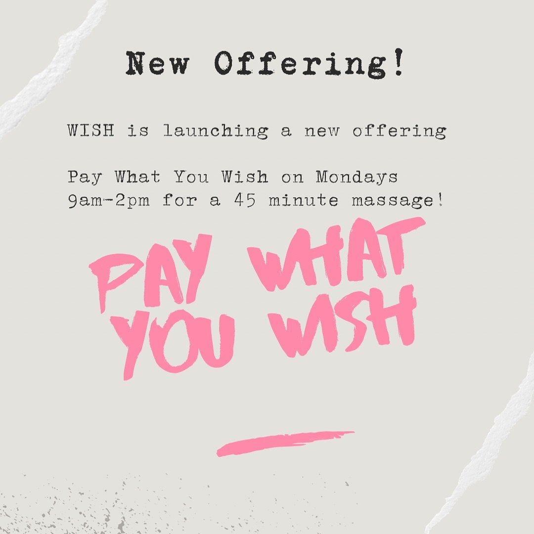 Pay What Ypu Wish on Mondays 9am-2pm for a limited time only

*mondays 9am-2pm only
*cash, check, Venmo, or zelle preferred (if you need to use a credit card we will have to create an invoice for your preferred amount because our system doesn&rsquo;t