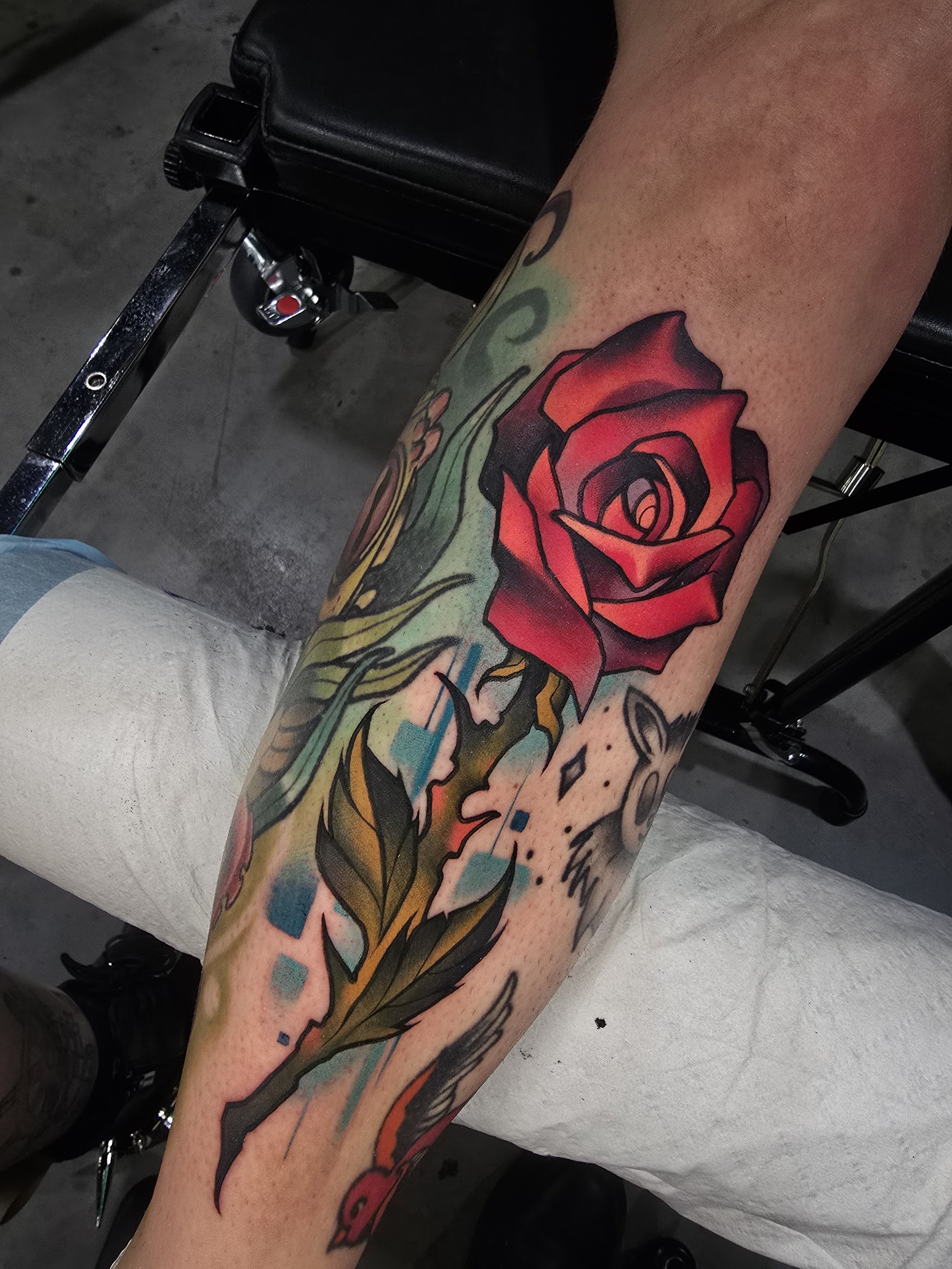 Neotraditional Rose with Stem Tattoo