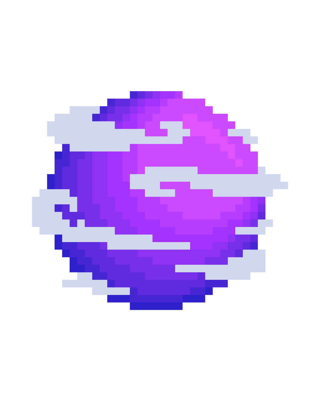 Pixelated purple and pink planet with swirling white clouds against black background.