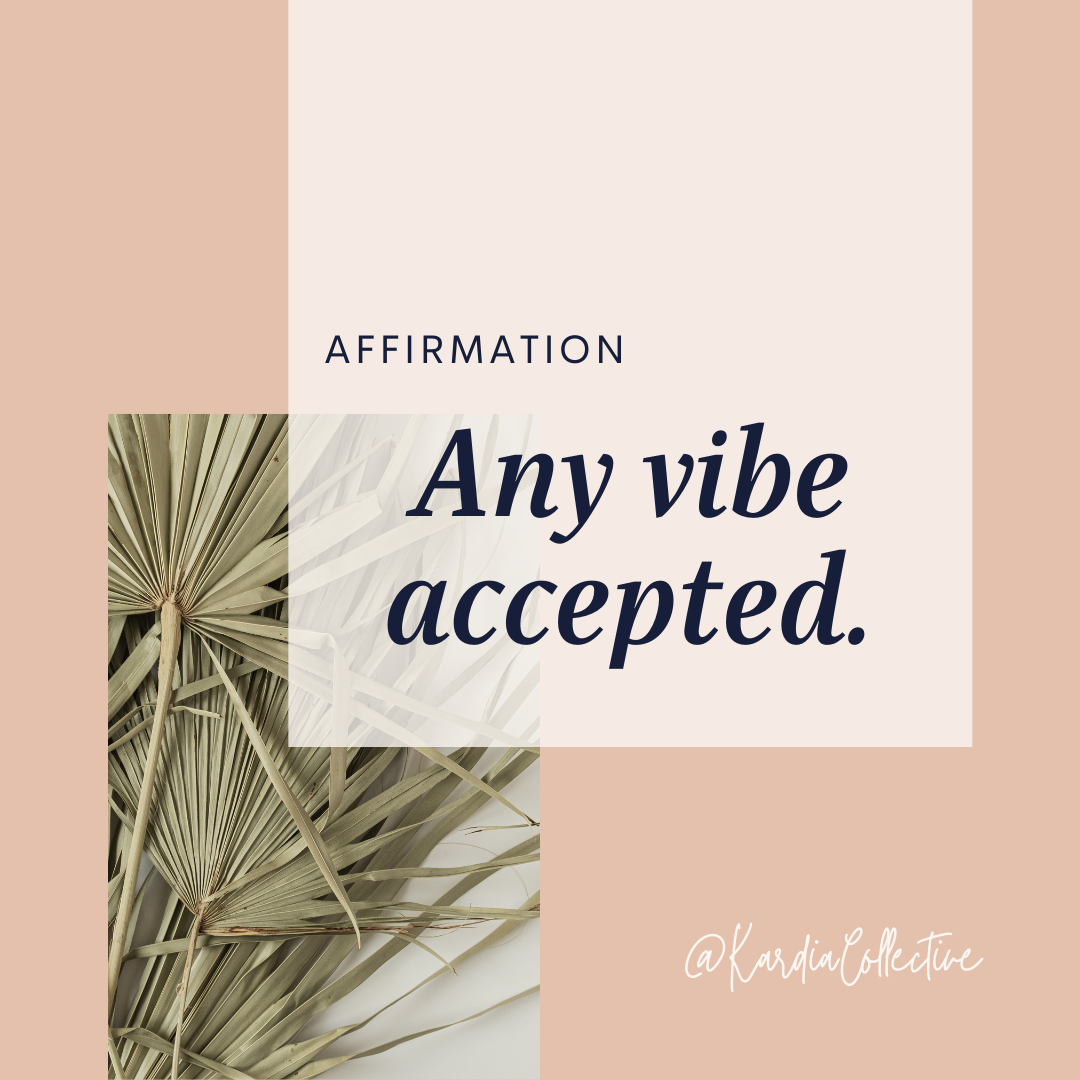two coloured blocks overlay a green palm frond with the words affirmation and any vibe accepted