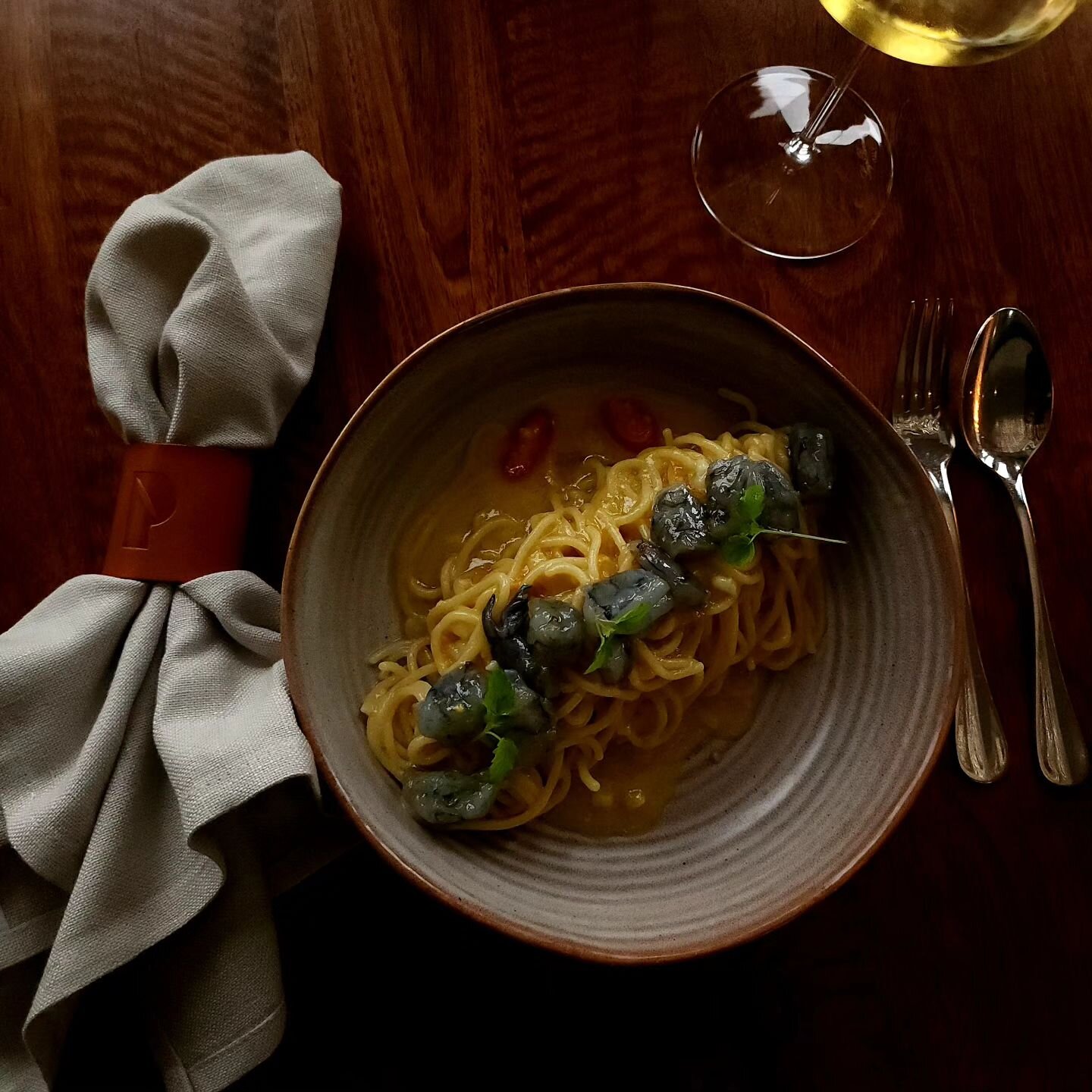 Spaghetti with perfectly sweet cristal blue prawns crudo, chilli and garlic, anchovies to contrast the sweetness of the prawns and a little lemon butter.
New on the menu..