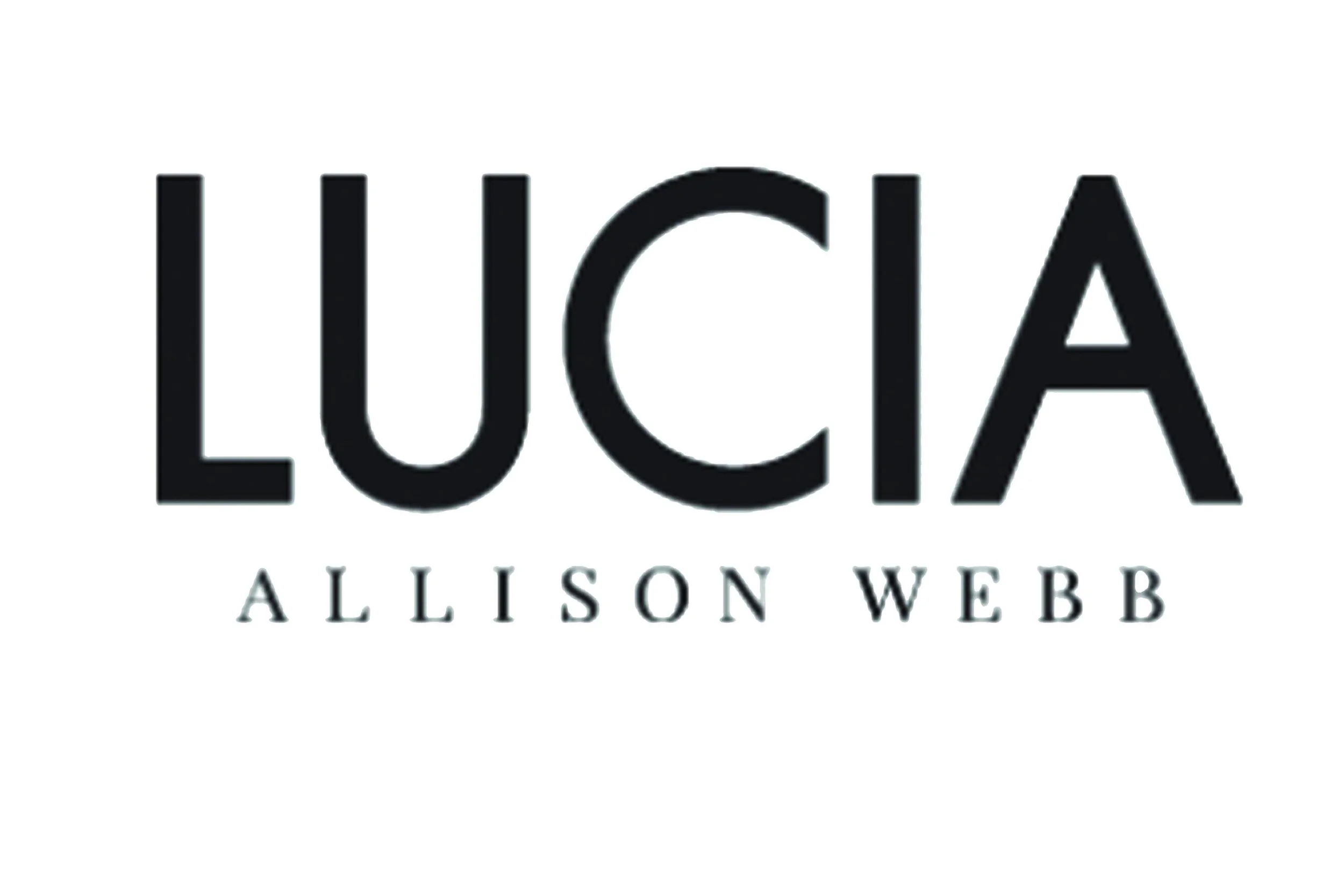 Logo for LUCIA by Allison Webb, featuring large black text on a white background with the designer's name underneath.