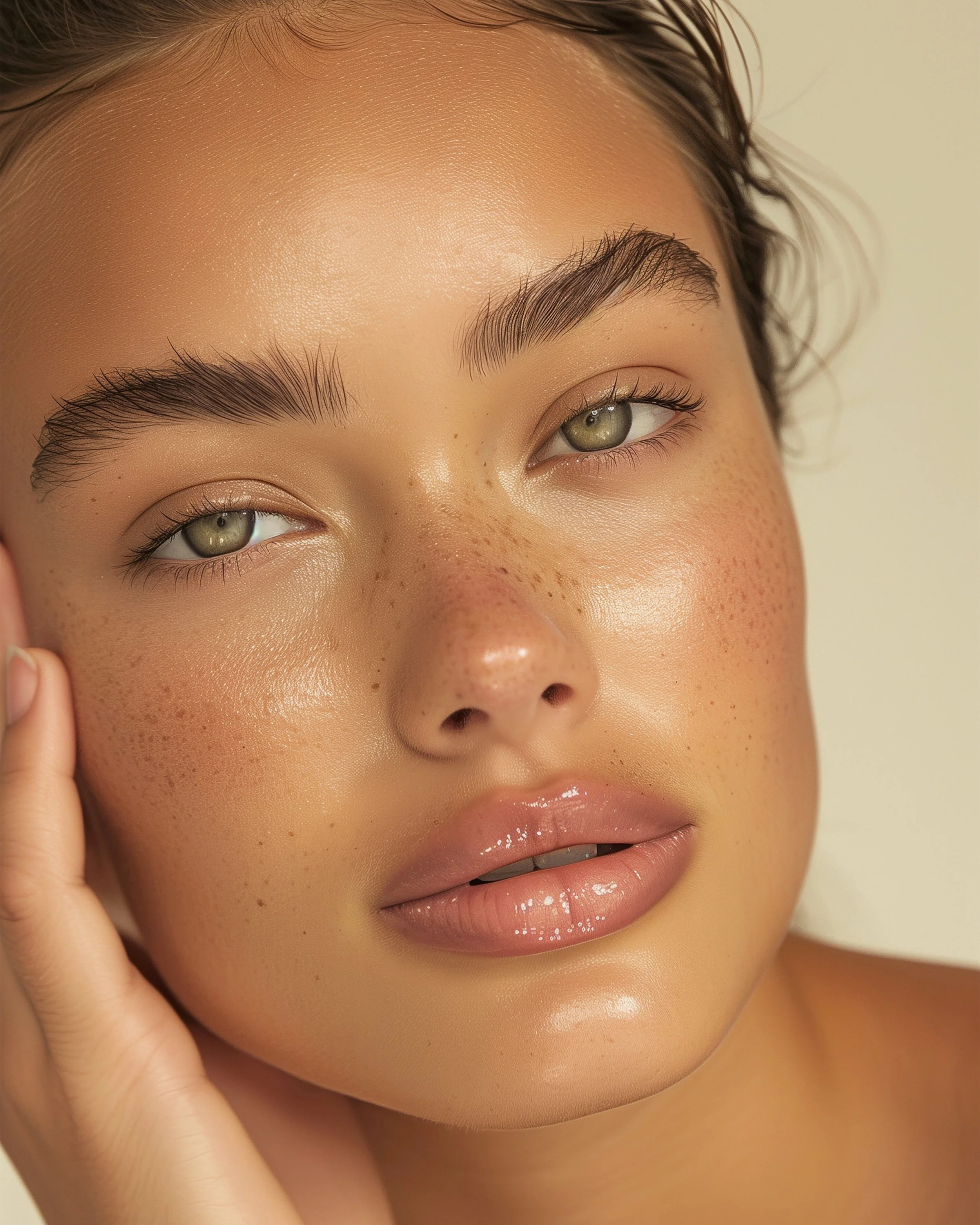 Close-up of a woman with hydrated, bright skin looking at the the camera and resting her cheek on her hand, representing Flirt Custom Lash Studio's affordable Hydrafacial service in Toronto.