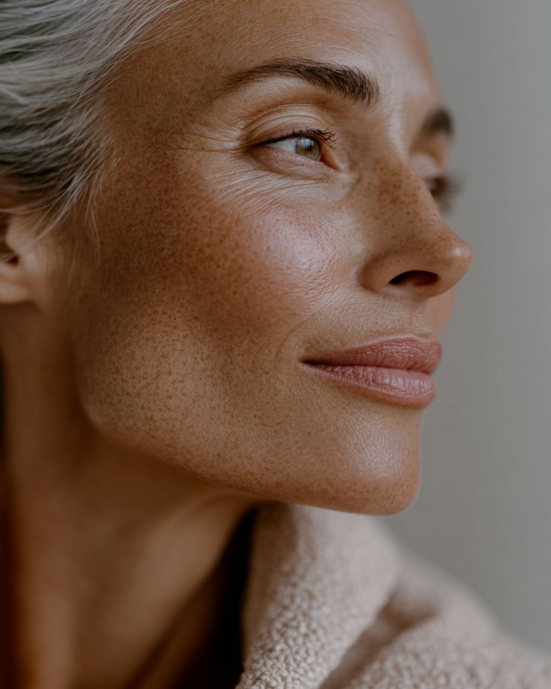An image of an older woman's side profile, showing a defined jawline and clear, smooth skin, results seen from Flirt Custom Lash Studio's H2O Oxygen Gua Sha Facial in Toronto.