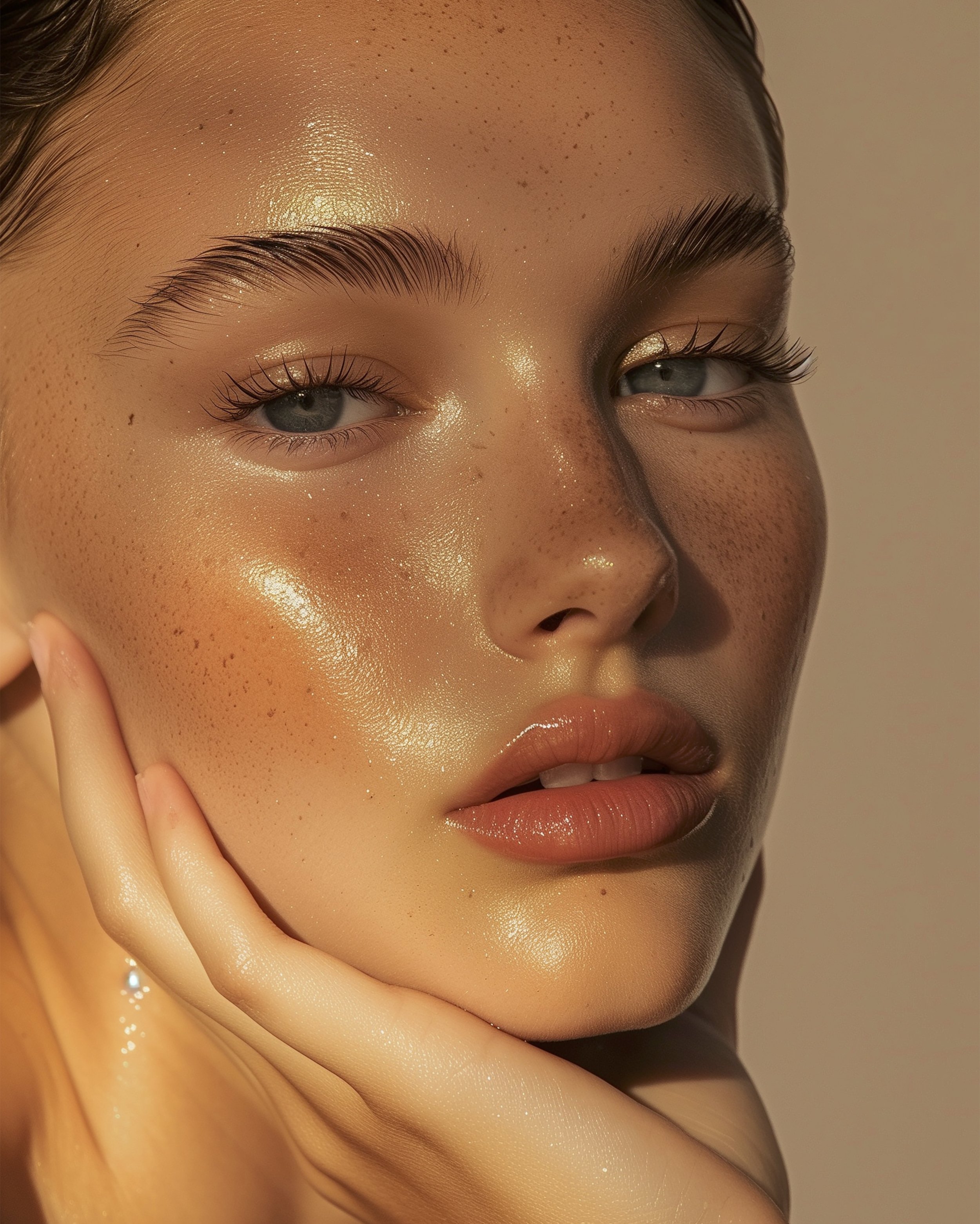 Close-up of a woman's face with radiant, dewy skin and relaxed features, gently holding her chin to highlight the sculpting and glow-enhancing results of a lymphatic drainage massage at Flirt Custom Lash Studio Toronto.