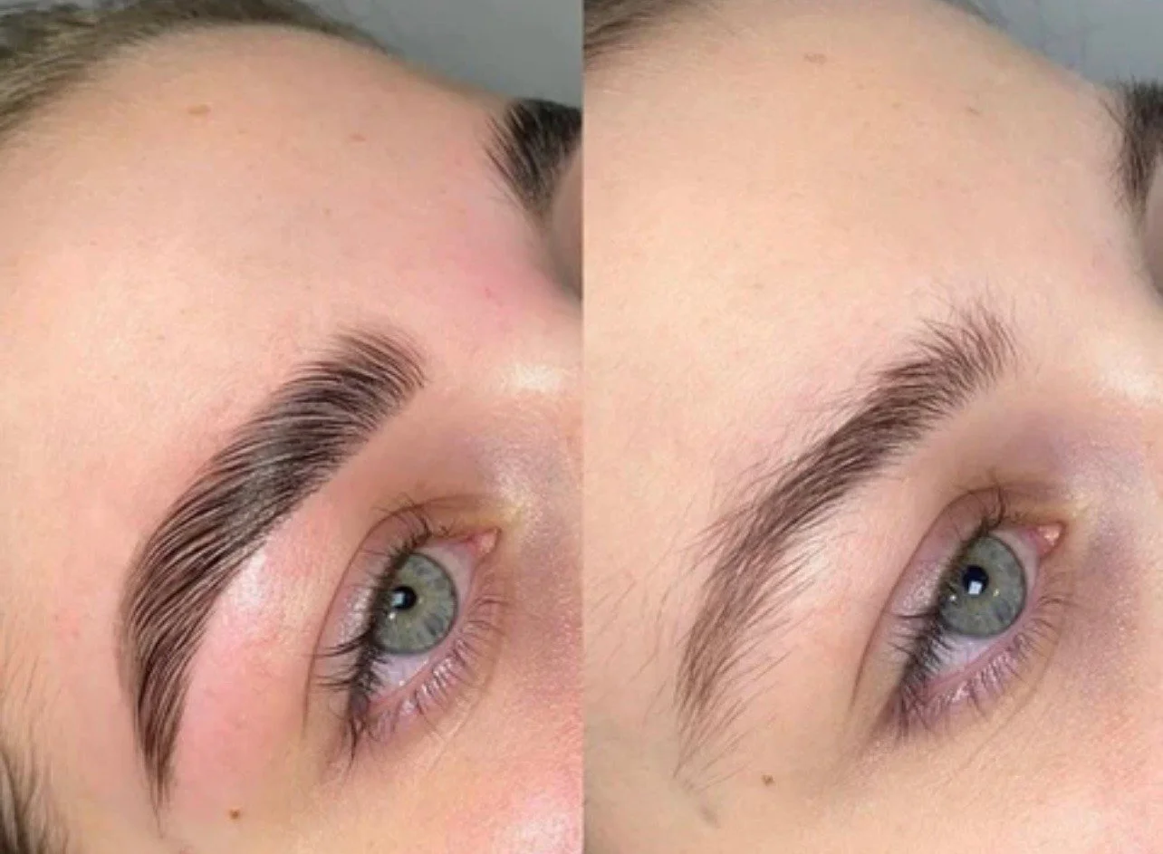 A close-up image of a persons eye and eyebrow, divided into a before and after of the results of a high quality brow lamination done at Flirt Custom Lash Studio Toronto.