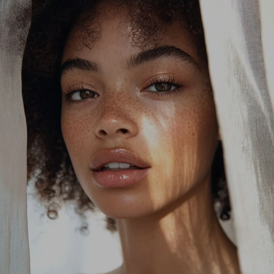 An image of a woman with a dark complexion with smooth, healthy skin looking at the camera with sunlight shining on her face, showing results from Flirt Custom Lash Studio's Natural Acid Peel Facial in Toronto.
