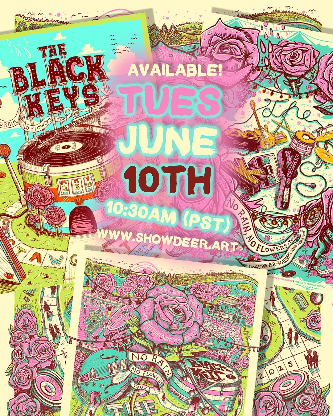 Great news! 😎🎉🙌 My artist prints for the first three @theblackkeys posters will be available for sale in my shop on my website tomorrow June 10th at 10:30am (pst)! All hand-embellished plus signed and numbered by me! - Waiting on Red Rocks posters