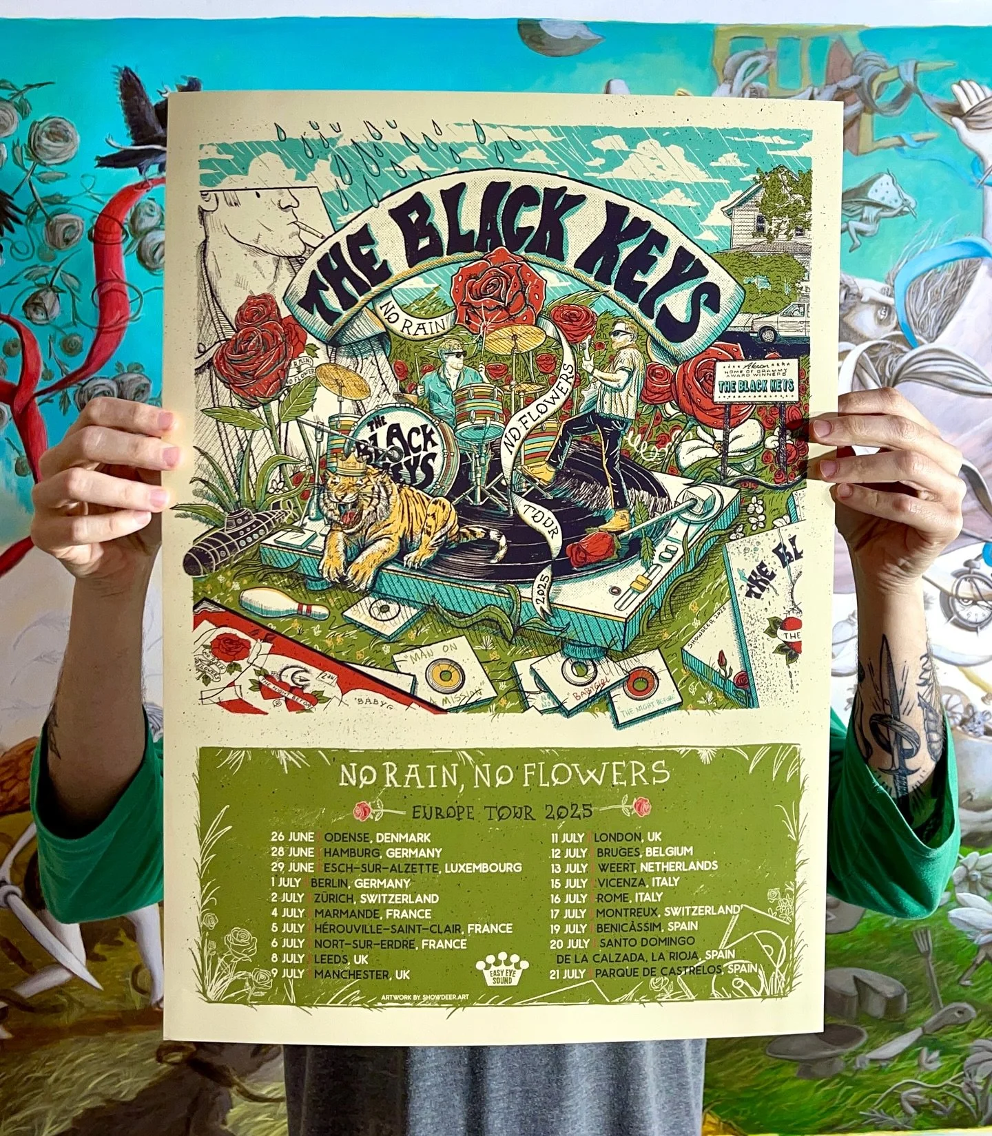 Just got some beautiful digitally printed artist prints mailed to me of the official @theblackkeys &ldquo;No Rain, No Flowers&rdquo; Europe 2025 Tour poster I drew for them! 😎🌹🙌

Lots of cool easter eggs in this one including the original Akron ho