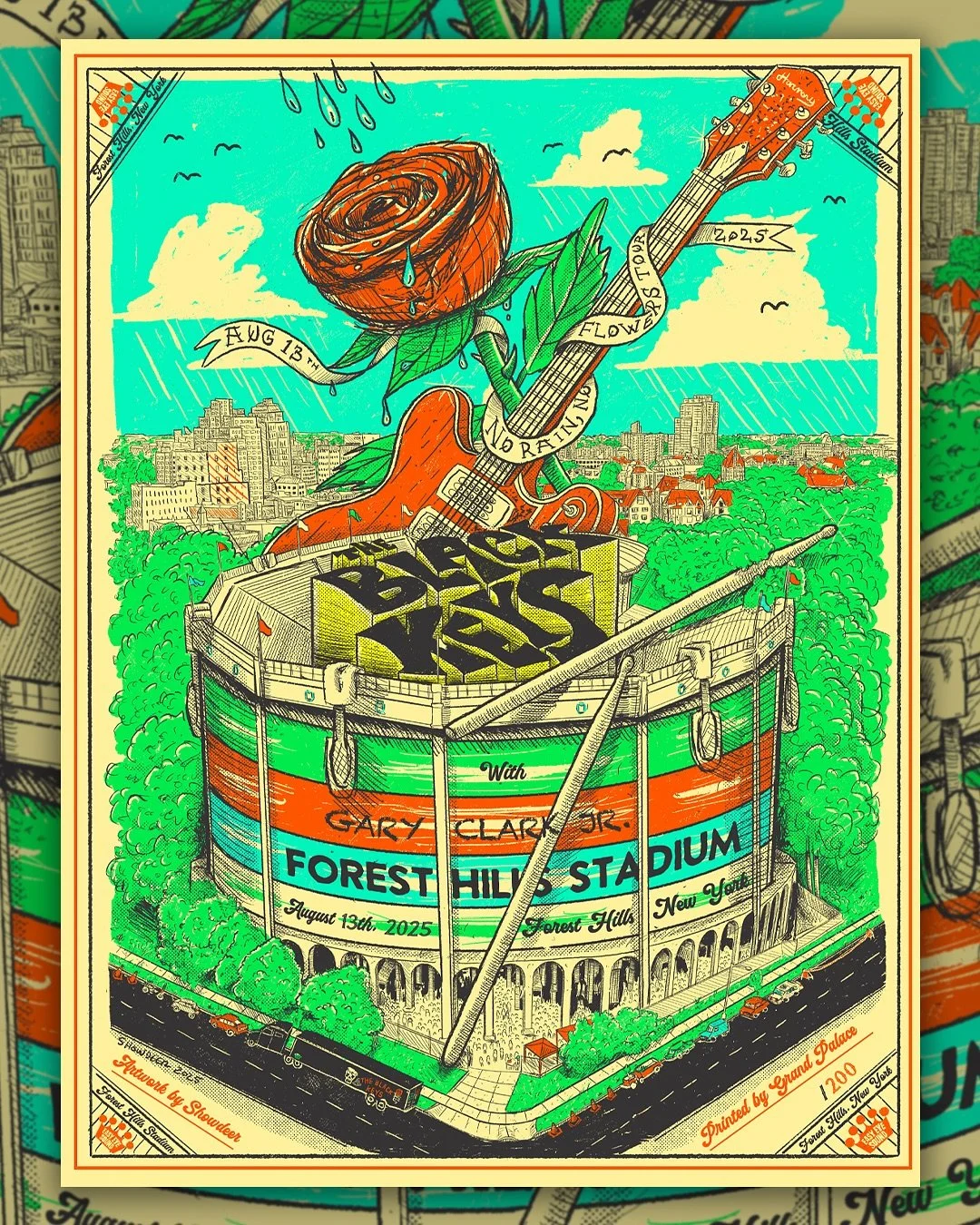 New poster for @theblackkeys tonight @foresthillsstadium Forest Hills, New York w/ @garyclarkjr! 😎🎸🙌

Super fun drawing this poster! Wanted to encapsulate the vibe of this legendary venue and beautiful surrounding area while getting a little surre
