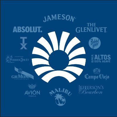 Various liquor and alcohol brand logos arranged in a circle on a dark blue background, including Absolut, Jameson, The Glenlivet, Rabbit Hole, Altos, Campo Viejo, Jefferson's Bourbon, Malibu, Avión, G.H. Mumm, Perrier-Jouët, and T.