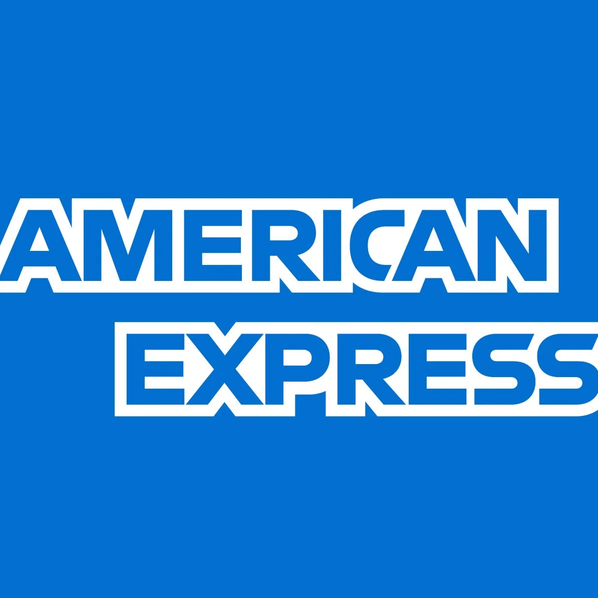 Logo of American Express with white text on a blue background.