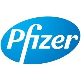 Pfizer logo in blue and white.