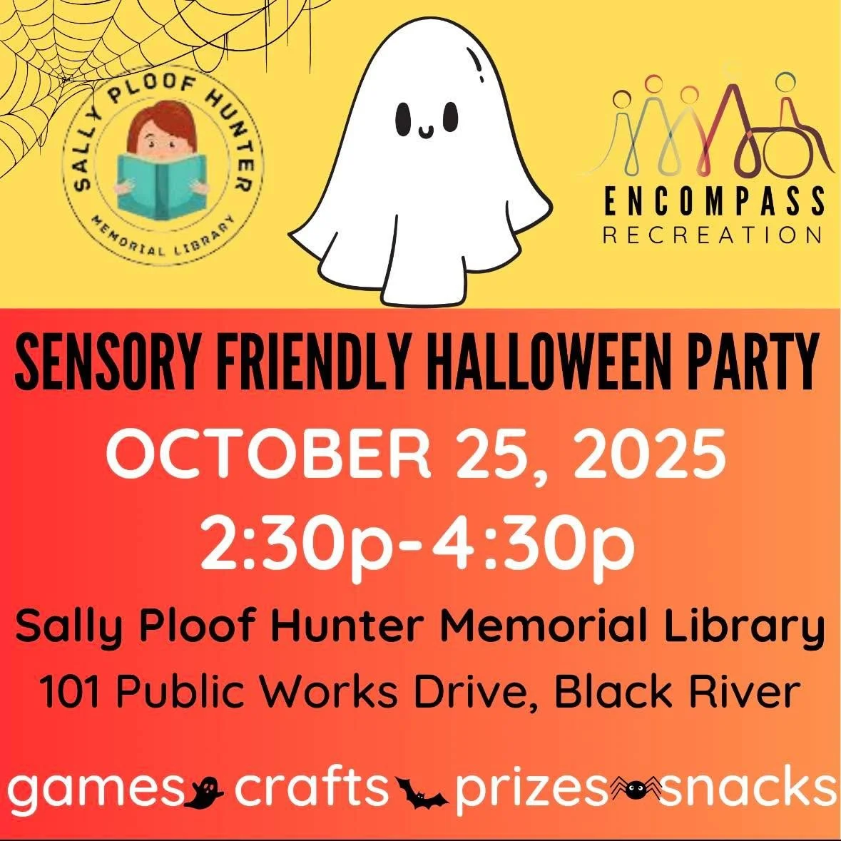 The OG inclusive and welcoming library Sally Ploof Hunter Memorial Library is again holding a Sensory Friendly Halloween Party TODAY!!!
October 25th from 2:30-4:30pm!
They are planning games, crafts, snacks, and prizes!
Check it out!!
www.encompa
