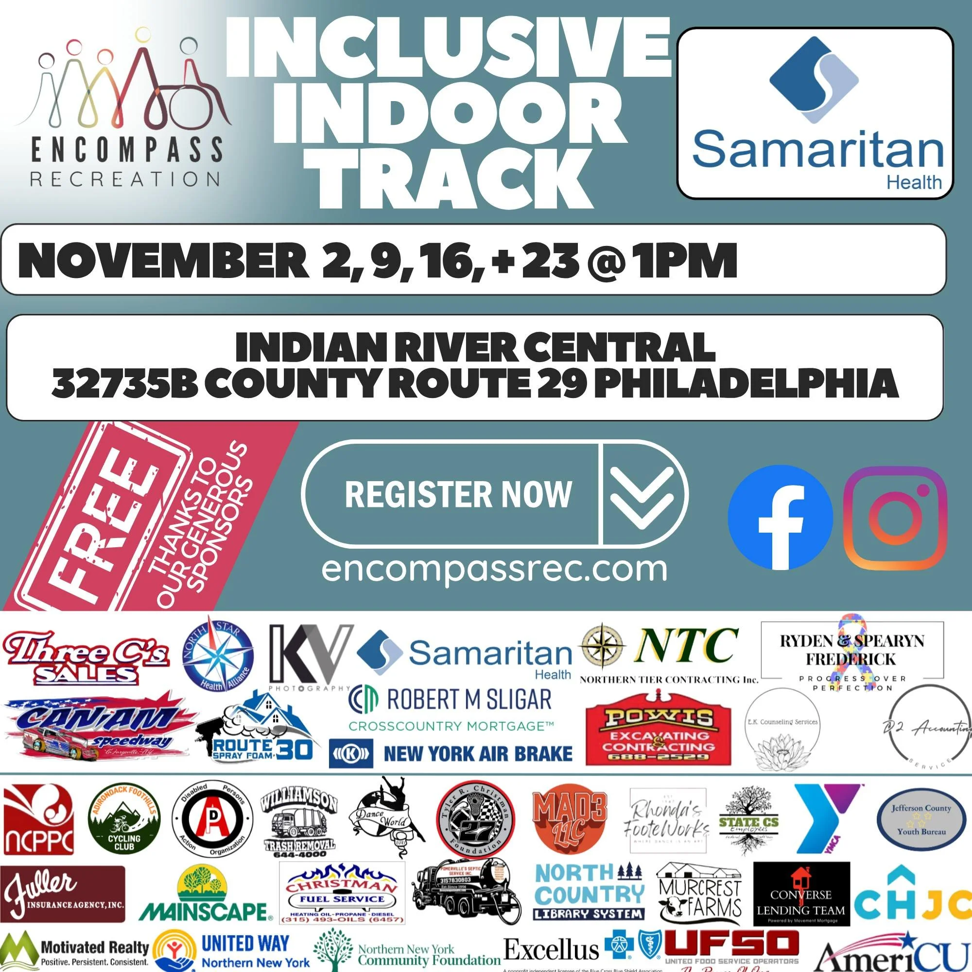 We start TOMORROW!!!

REGISTRATION IS (always) OPEN!!

Encompass Recreation and Samaritan Medical Center  are proud to offer our INCLUSIVE indoor track program for ALL youth to be held at Indian River Central School District 

Series Dates are every 