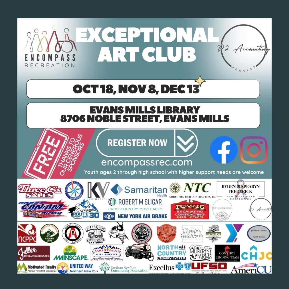 Art Club&hellip;times TWO&hellip;WHAT?!

Your eyes aren&rsquo;t playing tricks on you!

Thanks to our friends at D2 Accounting, we are proud to share that Art Club is available in Jefferson County AND St. Lawrence County!

Dec 13th is the next club!
