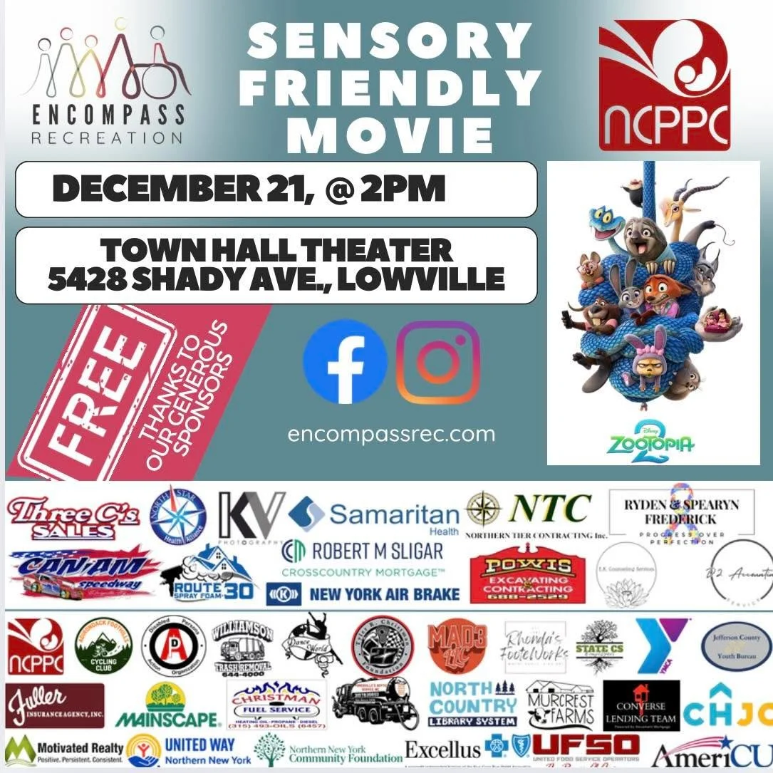 TH
THIS WEEKEND
THIS WEEKEND!
We are so proud (+ thankful) to partner with North Country Prenatal/Perinatal Council, Inc to offer a sensory friendly showing of Zootopia 2!

Sunday, December 21st, 2:00pm at Lowville Town Hall Theater

This event is fr