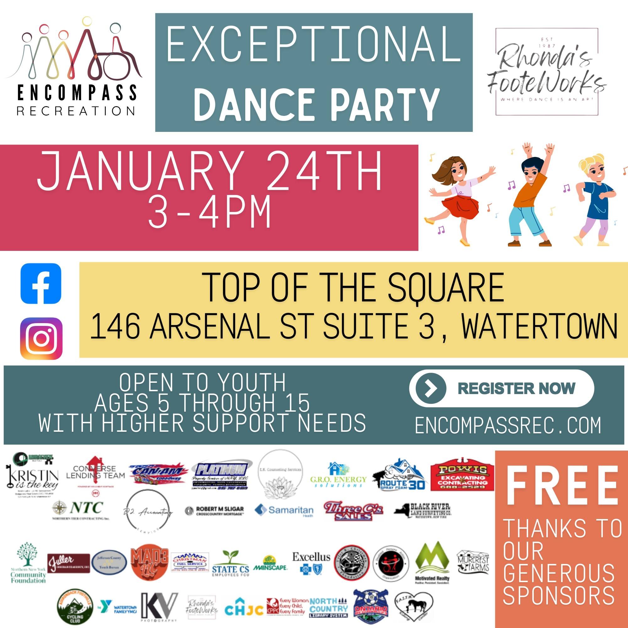 💃🕺 Dance Party for Exceptional Youth 🎶

We are excited to invite exceptional youth ages 5 to 15 with higher support needs to a fun and inclusive Dance Party at Rhonda's FooteWorks!

📍 Location: Rhonda's FooteWorks
📅 Date: January 24th (Tomorrow!