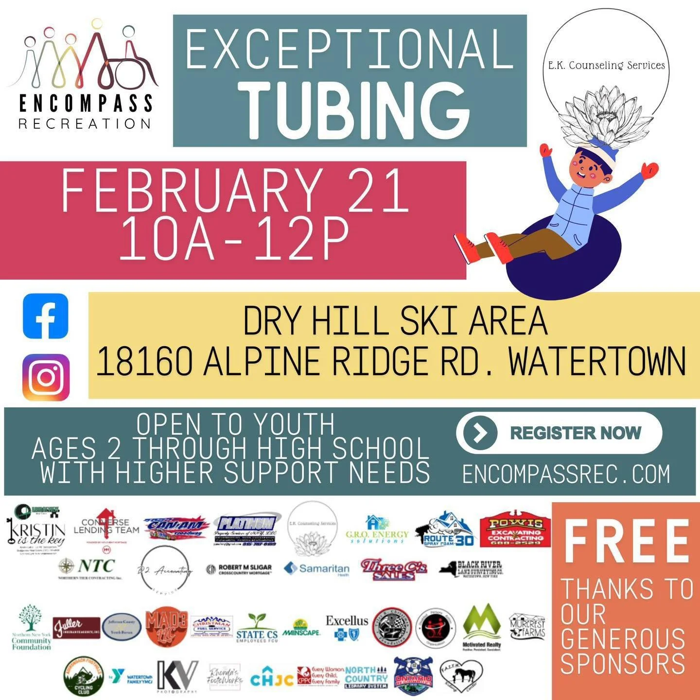 TOMORROW!!

Registration is required!

Encompass Recreation is proud to partner with Dry Hill Ski Area  for a fan-favorite TUBING!

This Saturday&hellip;.02.21.26 from 10am-12pm

This event is open to youth with higher support needs and their immedia