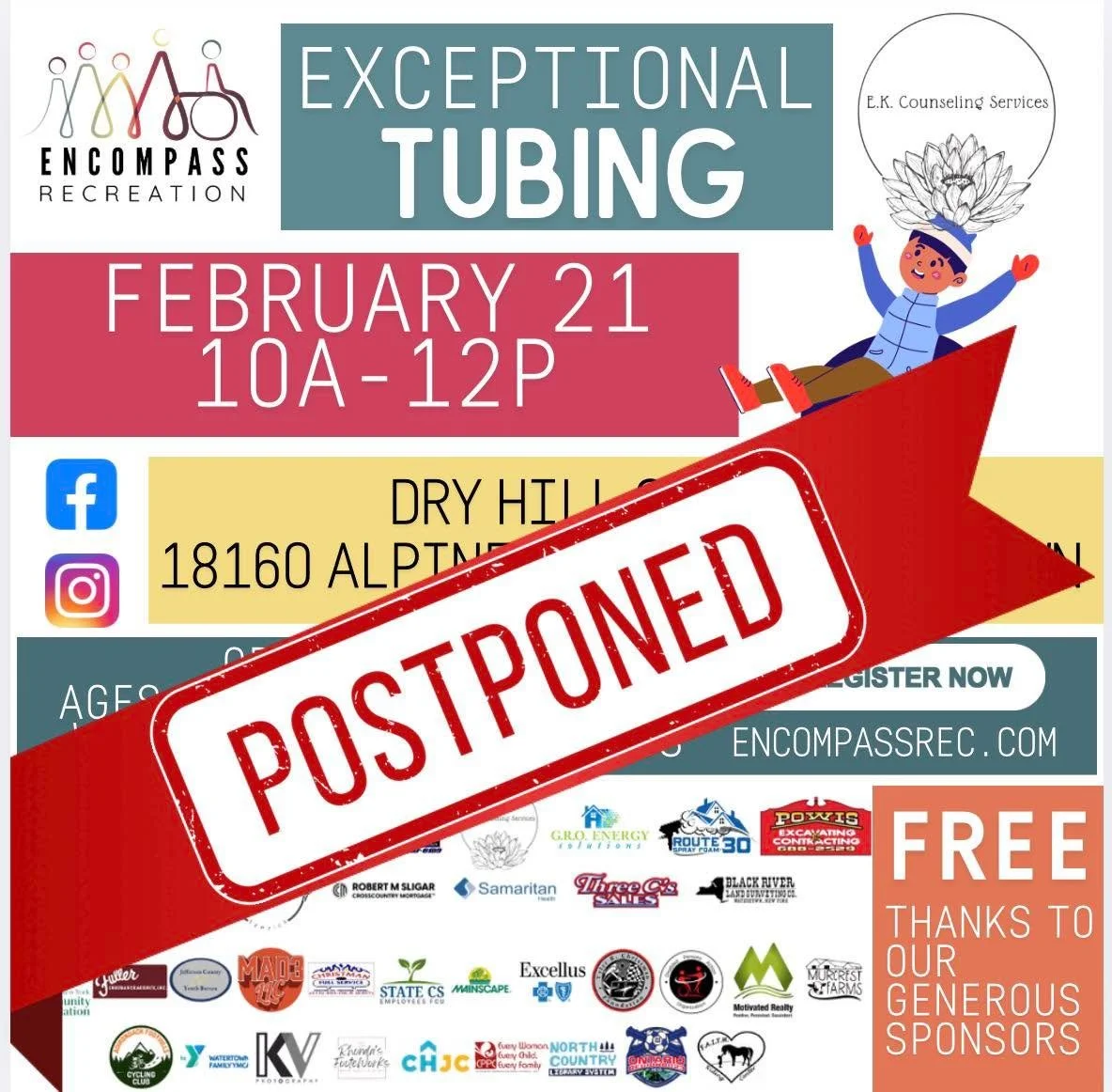Sharing again to make sure everyone knows&hellip;..

Due to the weather conditions impacting the tubing hill, we have to postpone this event. 

We are working on a make up date!

Stay tuned!

Dry Hill Ski Area