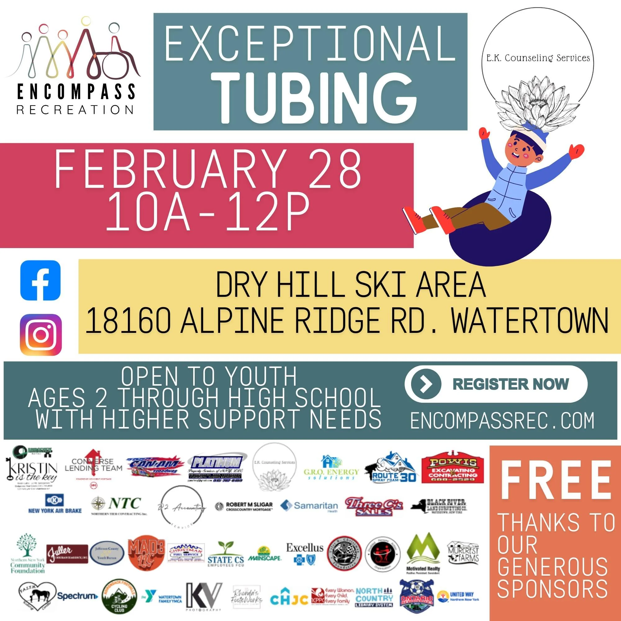 Let's try this again....

Mother Nature...don't let us down...

Encompass Recreation is proud to partner with Dry Hill Ski Area for a fan-favorite TUBING!

NEW DATE:
02.28.26 from 10am-12pm

*if you registered for the original date-no need to registe