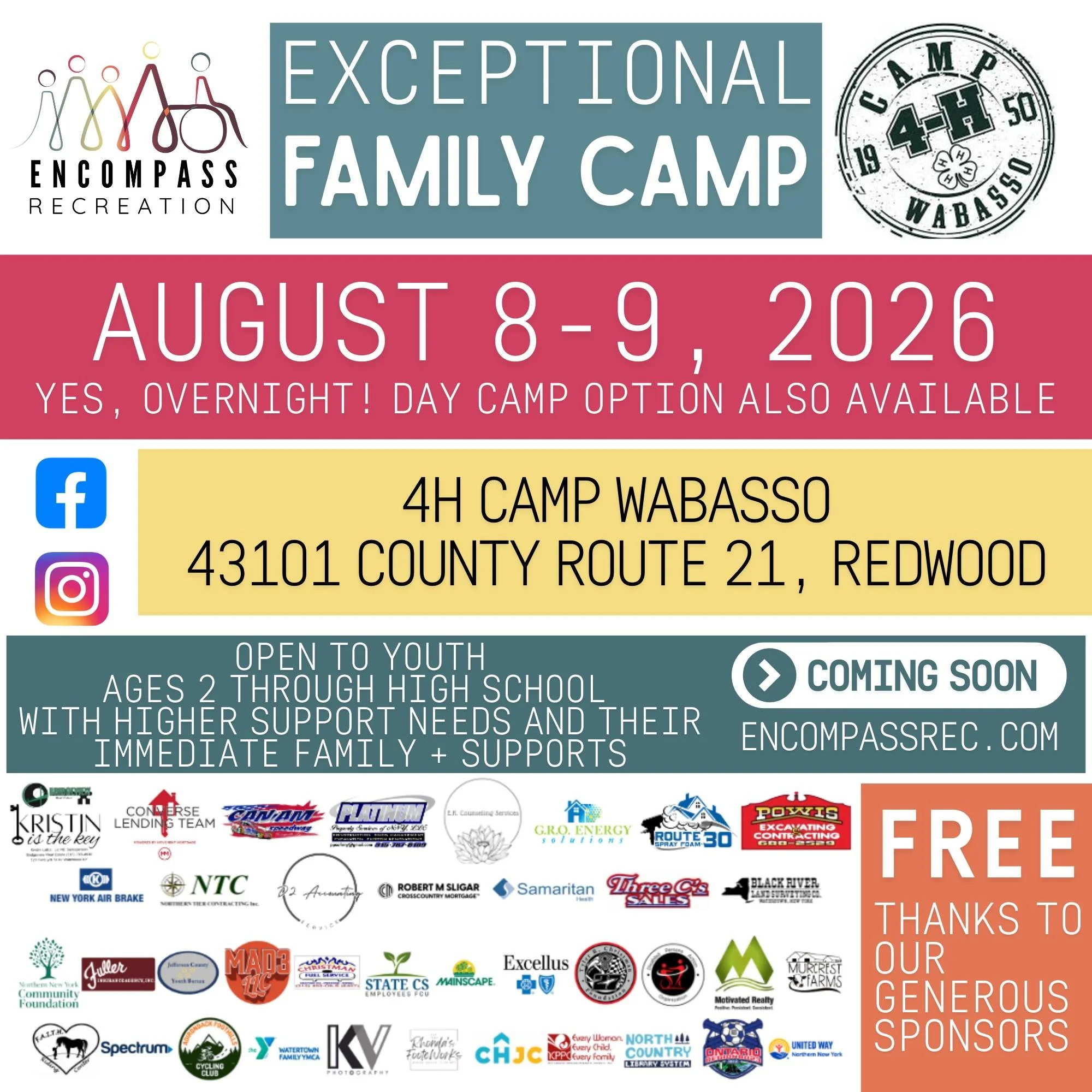:Insert Kylie SQUEALING here....

🌲 Save the Date &ndash; Family Camp is Coming! 🌲

Get ready for something new and exciting from Encompass Recreation!

Family Camp is happening August 8&ndash;9, 2026!

This overnight camp experience at 4H Camp Wab