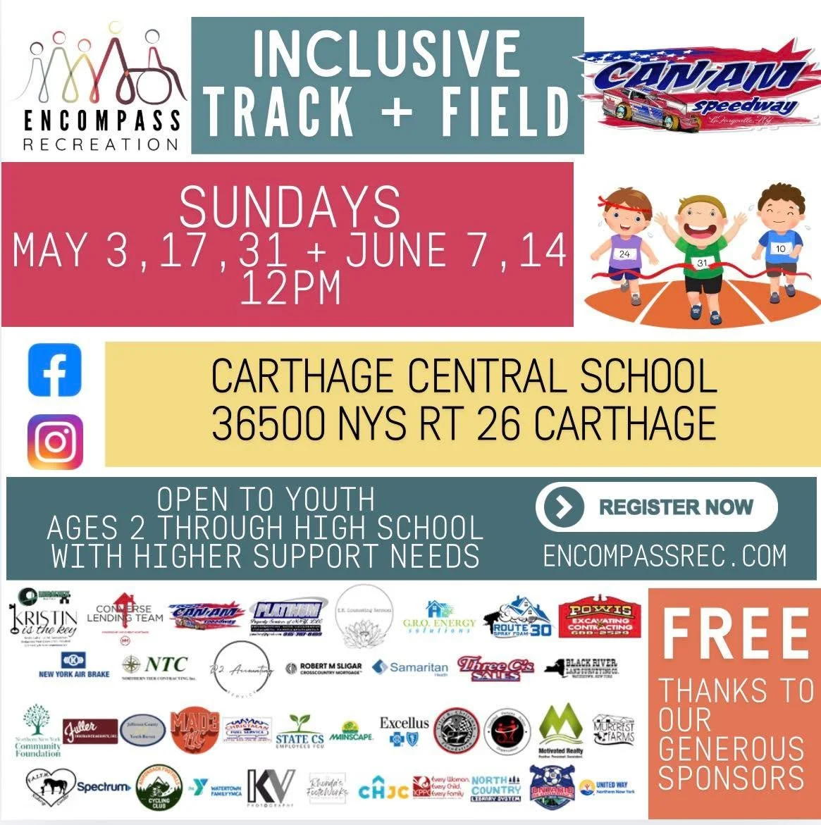🏃&zwj;♀️ REGISTRATION IS OPEN! 🏃&zwj;♂️

Our Can-Am Speedway Inclusive Track + Field Program is back&mdash;and better than ever! 💙

Join us on Sundays (May 3, 17, 31 + June 7, 14 at 12PM) at Carthage Central School for a fun, supportive, and empow