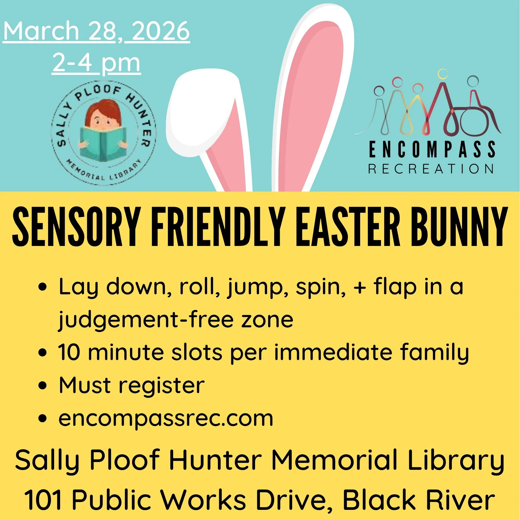 🌷🐰✨ HOP ON OVER FOR SOME EASTER FUN! ✨🐰🌷

We&rsquo;re so excited to share that our friends at the Sally Ploof Hunter Memorial Library in Black River are hosting a Sensory-Friendly Easter Bunny Experience THIS Saturday, March 28th! 💛

This specia