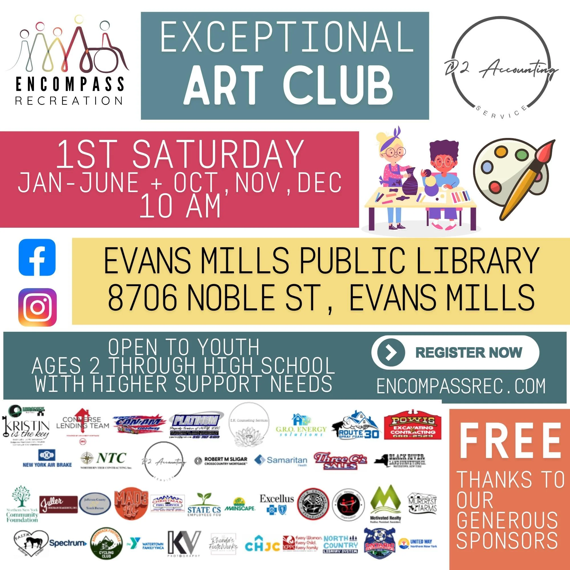 🎨✨ Exceptional Art Clubs &ndash; A Creative Day for All! ✨🎨

We&rsquo;re excited to offer TWO Exceptional Art Club sessions this Saturday, April 4th for youth with higher support needs (ages 2 through high school)! Come create, explore, and express