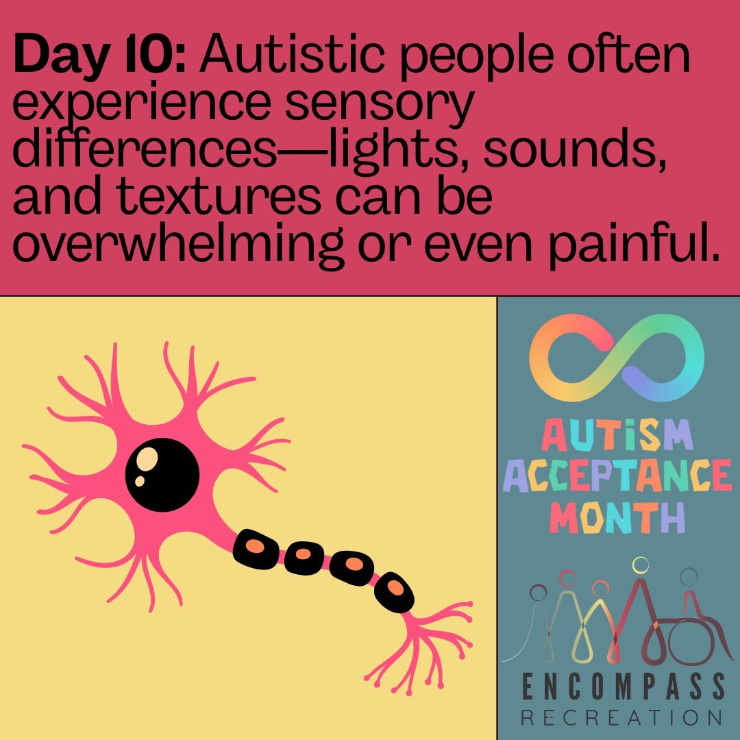 Day 10:
Sensory differences are real!

www.encompassrec.com 

#inclusion  #diversity #disability #ability #inclusionmatters #disabilityacceptance #autism  #specialneeds  #equity #downsyndrome #community  #accessibility  #autismacceptance #diversityan