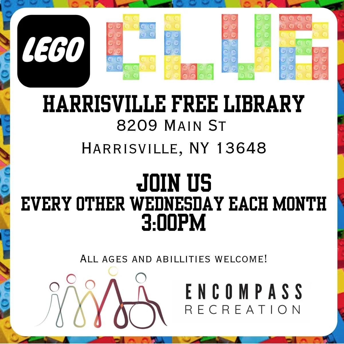 🧱✨ Join Us for an Inclusive LEGO Club Today! ✨🧱

Looking for a fun, welcoming activity for all ages and abilities? Come build, create, and connect at these inclusive LEGO Clubs today from 3:00&ndash;4:30 PM at the Harrisville Free Library and 5:00-