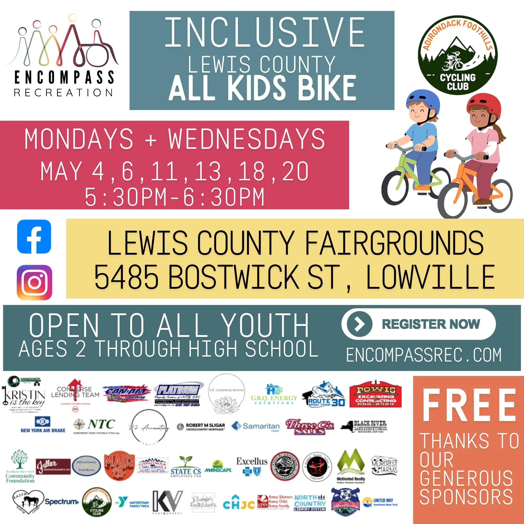 Starts TONIGHT!!

🚲✨ Inclusive All Kids Bike Program ✨🚲

We&rsquo;re excited to bring an Inclusive All Kids Bike Program to Lewis County! Join us at the Lewis County Fairgrounds for a fun, supportive experience where youth of ALL abilities can lear